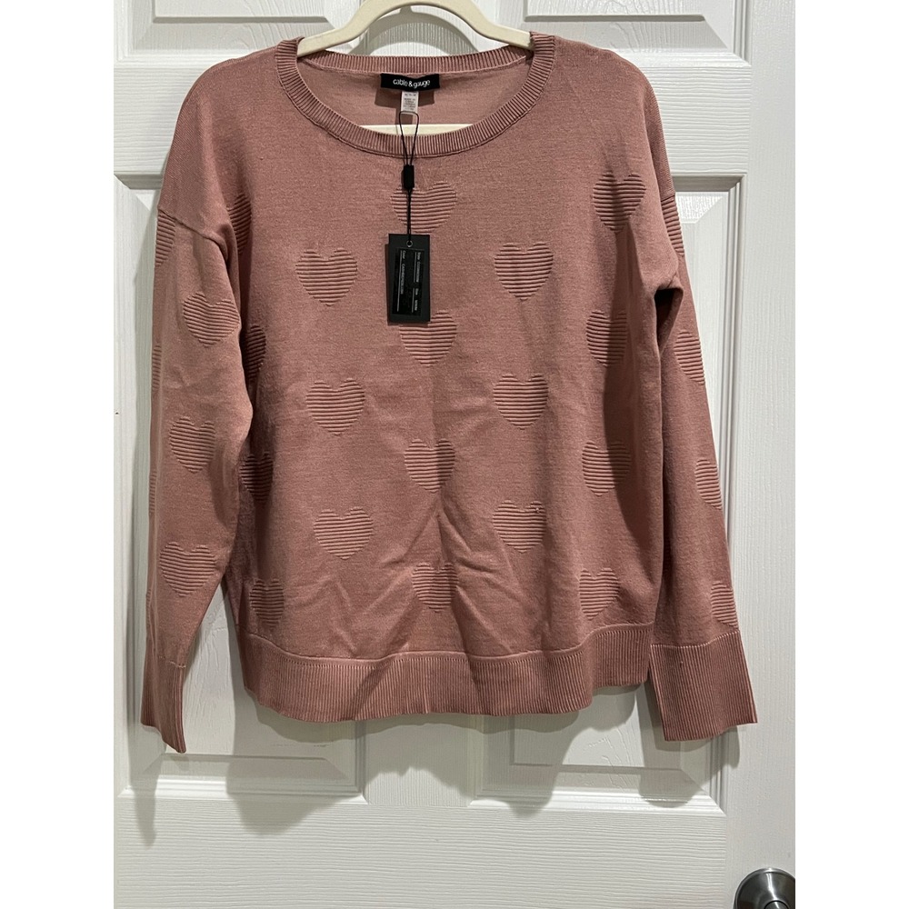 Cable & Gauge Heart Embossed Knit Sweater Pullover Casual Top Medium